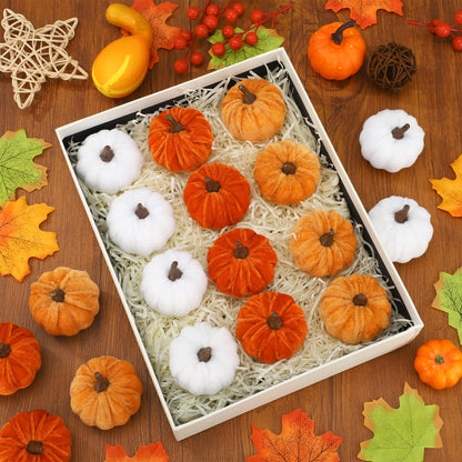 18 Pcs Fall Artificial Velvet Pumpkins Fake Fabric Pumpkin Faux Foam Pumpkins Orange Yellow White Artificial Pumpkin Decorations for Fall Harvest Thanksgiving Halloween Farmhouse Table Centerpiece