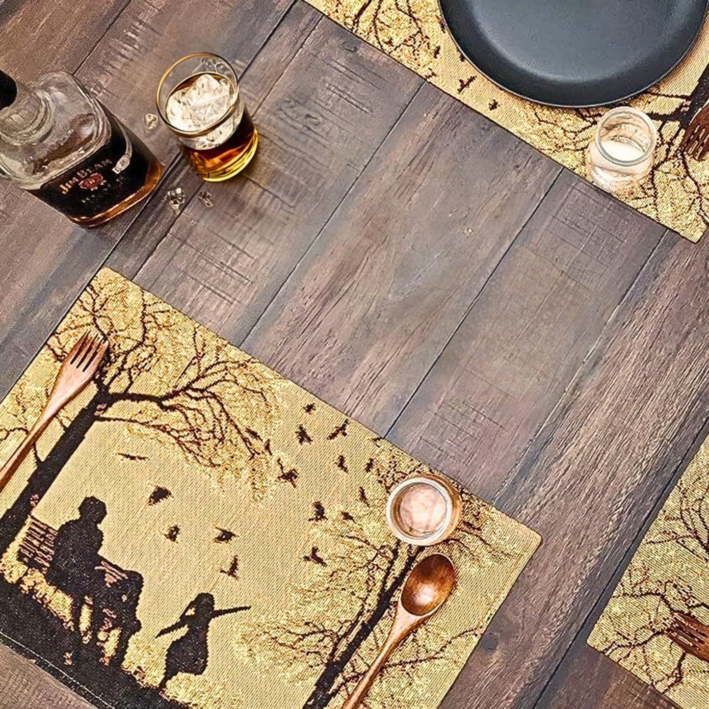 DaDalogy Farmhouse Rustic Dining Placemats - Set of 4 Tapestry Woven Cotton Halloween Kitchen Table Mats Fall Silhouette Decor - Family Cozy Cabin Orange Tan Black Decorative - 13” x 19”