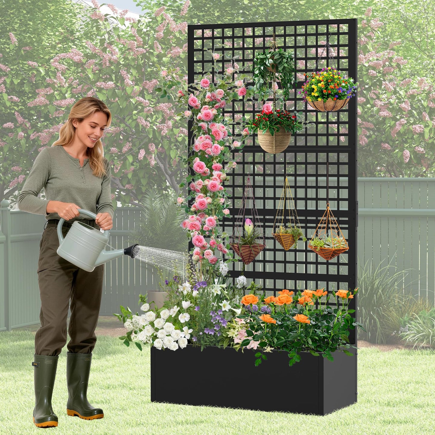 Toriexon Metal Planter Box with Trellis 47" L x 16" W x 72" H, Raised Garden Bed with Privacy Screen, Privacy Planters for Climbing Plants, Flowers, Vegetables, Fruits