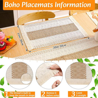 4 Sets Boho Decoration Placemats Round Woven Placemats, Cloth Napkins, Wood Bead Napkin Rings, Long Table Runner and Farmhouse Burlap Cotton for Table Kitchen (Khaki,12x72)