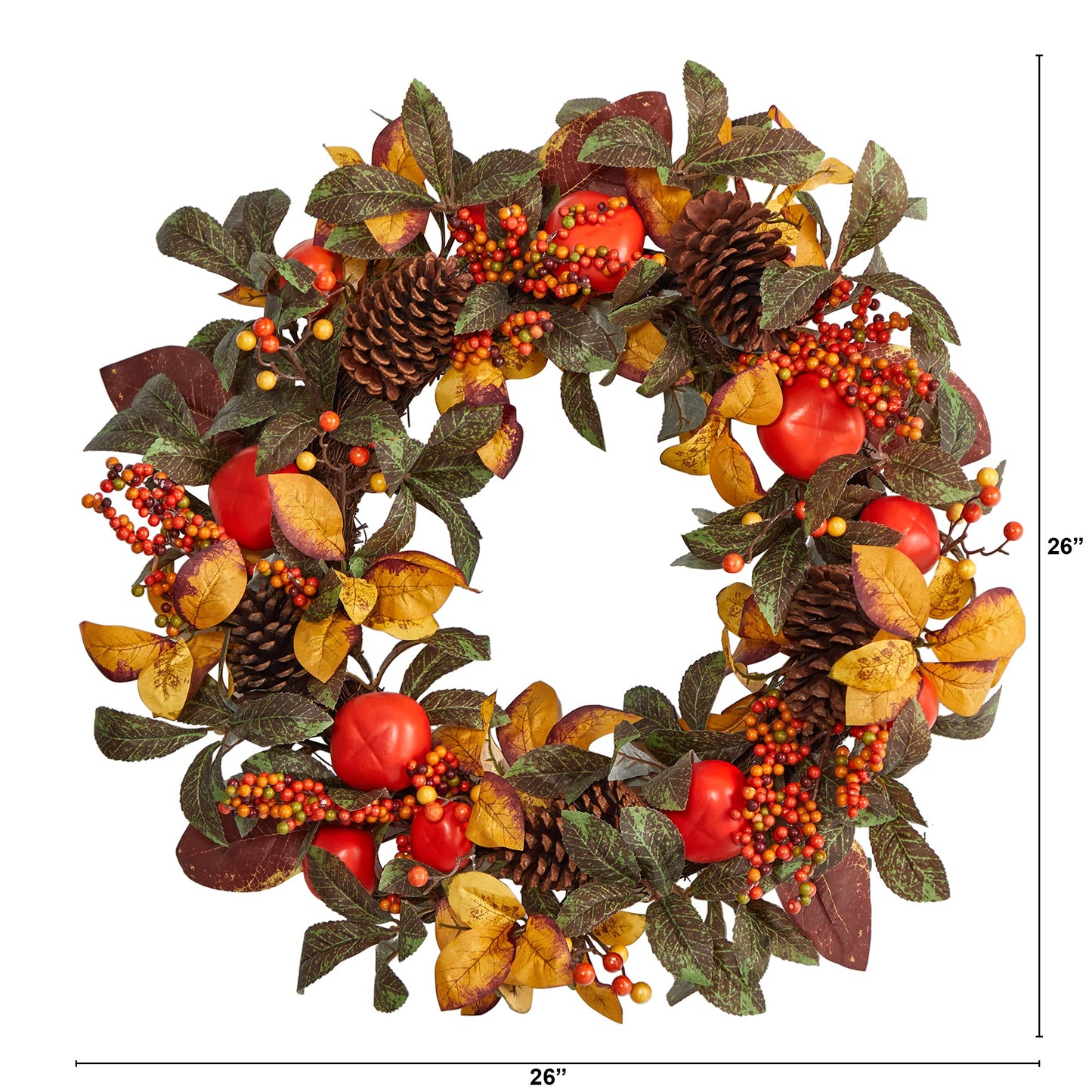 Nearly Natural 26in. Autumn Persimmon and Pinecones Artificial Fall Wreath