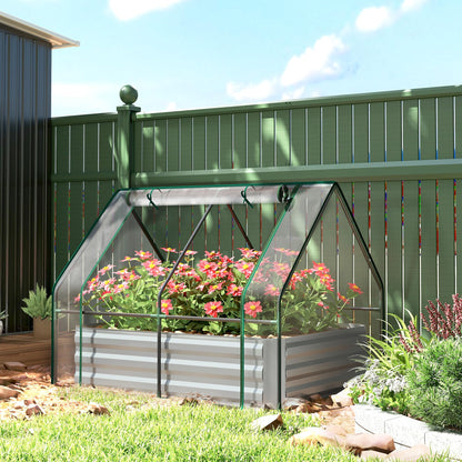 Outsunny 4 x 3 x 3ft Raised Garden Bed with Mini Greenhouse, Galvanized Raised Garden Bed with Cover for Herbs and Vegetables, Small Greenhouse for Patio Garden Balcony, Clear and Gray