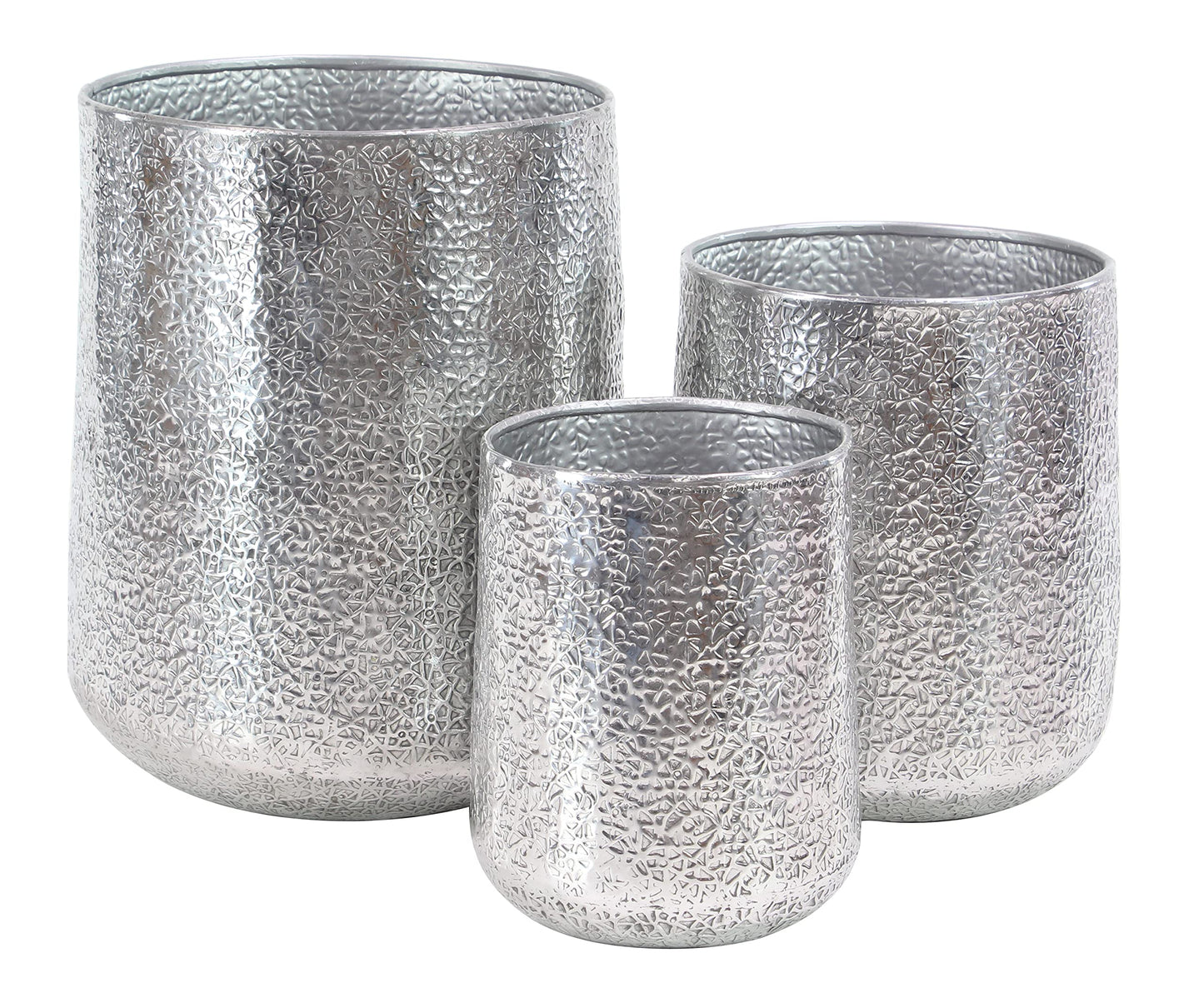 Deco 79 Aluminum Metal Indoor Outdoor Planter Large Planter Pot with Hammered Design, Set of 3 Planters 12", 16", 20"H, Silver