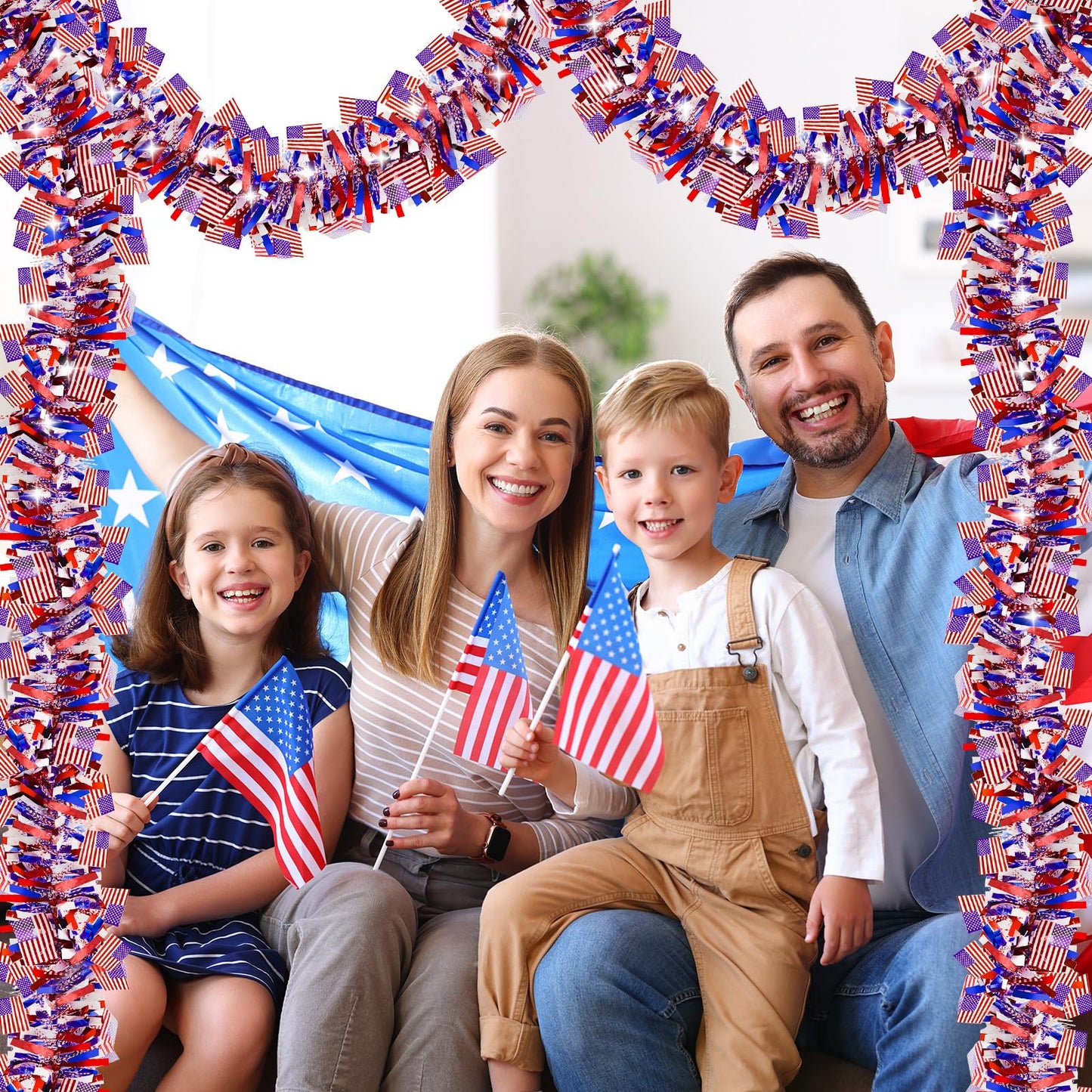 50 FT 4th of July Tinsel Garland, Red White and Blue Patriotic Flags Garland for Home Party Holiday Celebration for 250th Anniversary Memorial Day Independence Day 4th of July Decorations