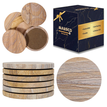 Marbco Sandstone Water Absorbent Hand Crafted Round Coasters for Drinks - 4 Inches Wide Thirsty Stone Bar/Drink Coasters- Made from Rainbow Sandstone (Set of 6 Without Holder)