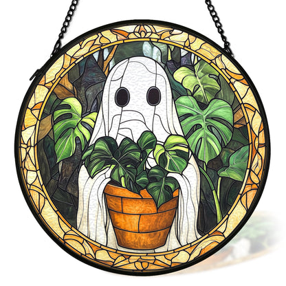 cvjutf Halloween Ghost Suncatcher Stained Glass Window Hanging Decor, Cute Ghost Stained Glass Wall Decor, Plant Lovers Gifts, Botanical Garden Sun Catchers Indoor Window Hanging Wall Art, 7.9x7.9In