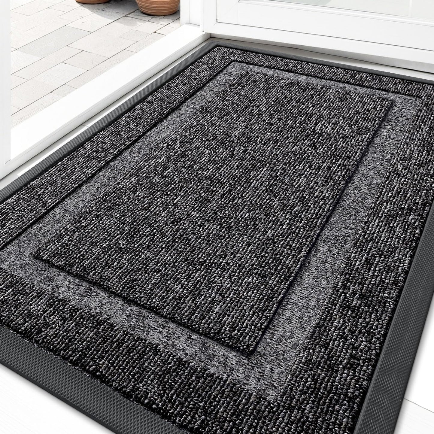 OLANLY Front Door Mat Indoor Outdoor Entrance, Waterproof All-Season, All-Weather Doormat, Sturdy Natural Rubber, Low Profile, Easy Clean Patio Porch Entryway Mat, 29.5x17, Black and White