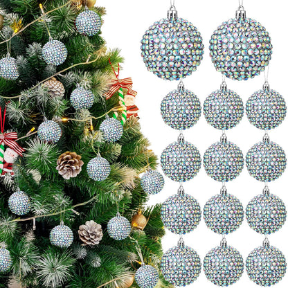 Sosation 12 Pcs Rhinestone Christmas Ornaments Ball 2.36 Inch Sparkly Glitter Christmas Tree Decoration Silver Glitter Xmas Hanging Balls for Xmas Gifts Home Decoration Wedding Party