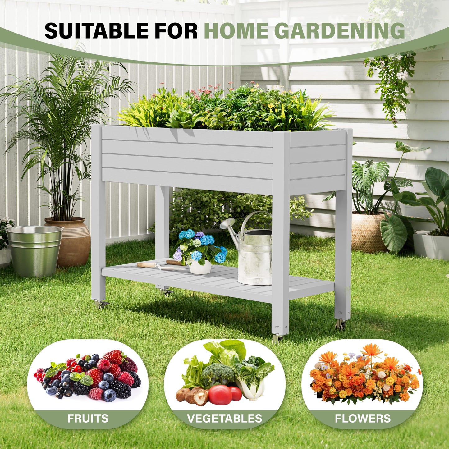 WTFGO Elevate 33.7" Tall Raised Garden Bed with Wheels, Divisible Resin Planter Box with Drainage Gauge & Storage Shelf, Herb Planter for Garden Patio Backyard, Ashen (33.7" h)