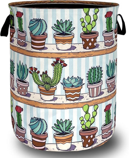 Cute Cactus Laundry Basket Tropical Cactus Flower Hamper Foldable Oxford Cloth Green Plants Colorful Tote Bag Clothes Toy Storage Bucket For Bathroom/Laundry Storage/Bedroom 18.9 x 16.5 Inch