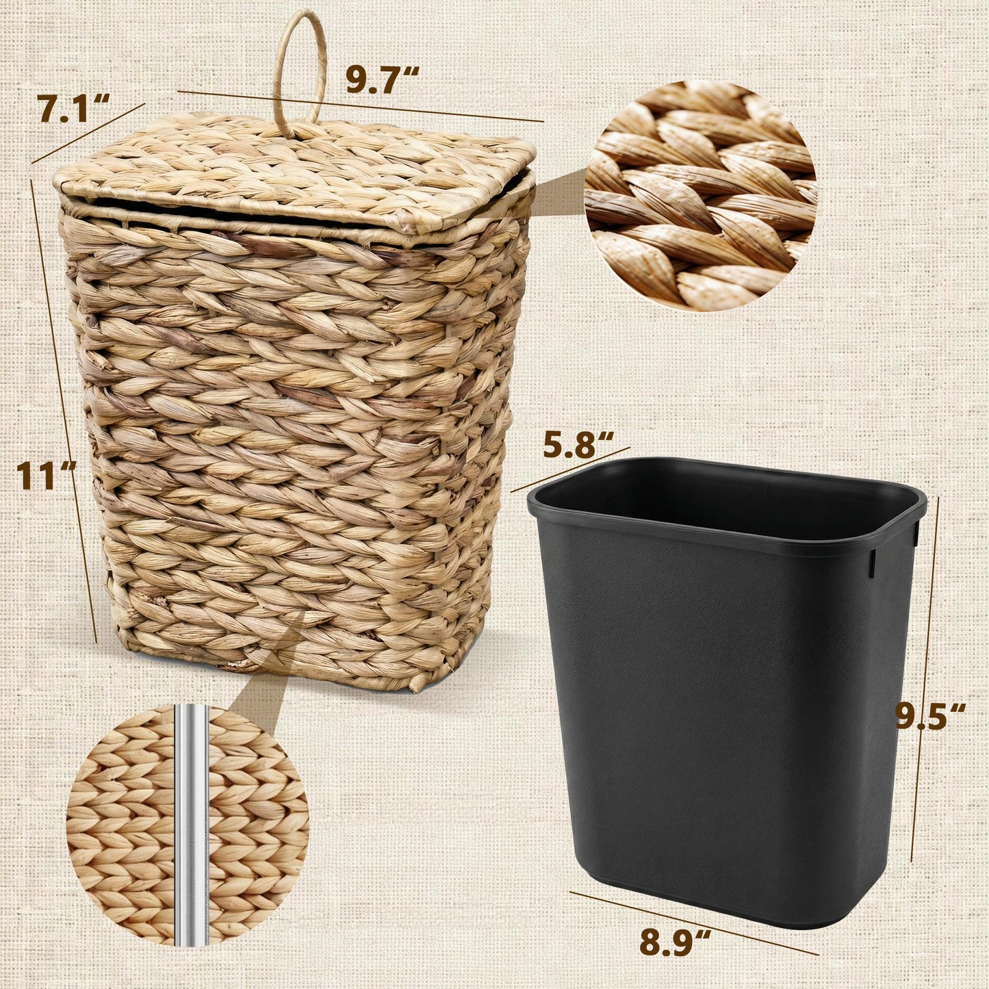 deepredcoast 2.6 Gallon Wicker Trash Can with Lid, Handwoven Water Hyacinth Wastebasket with Removable Plastic Inner Bin, Small Decorative Rattan Trash Can for Bathroom Bedroom Office Kitchen