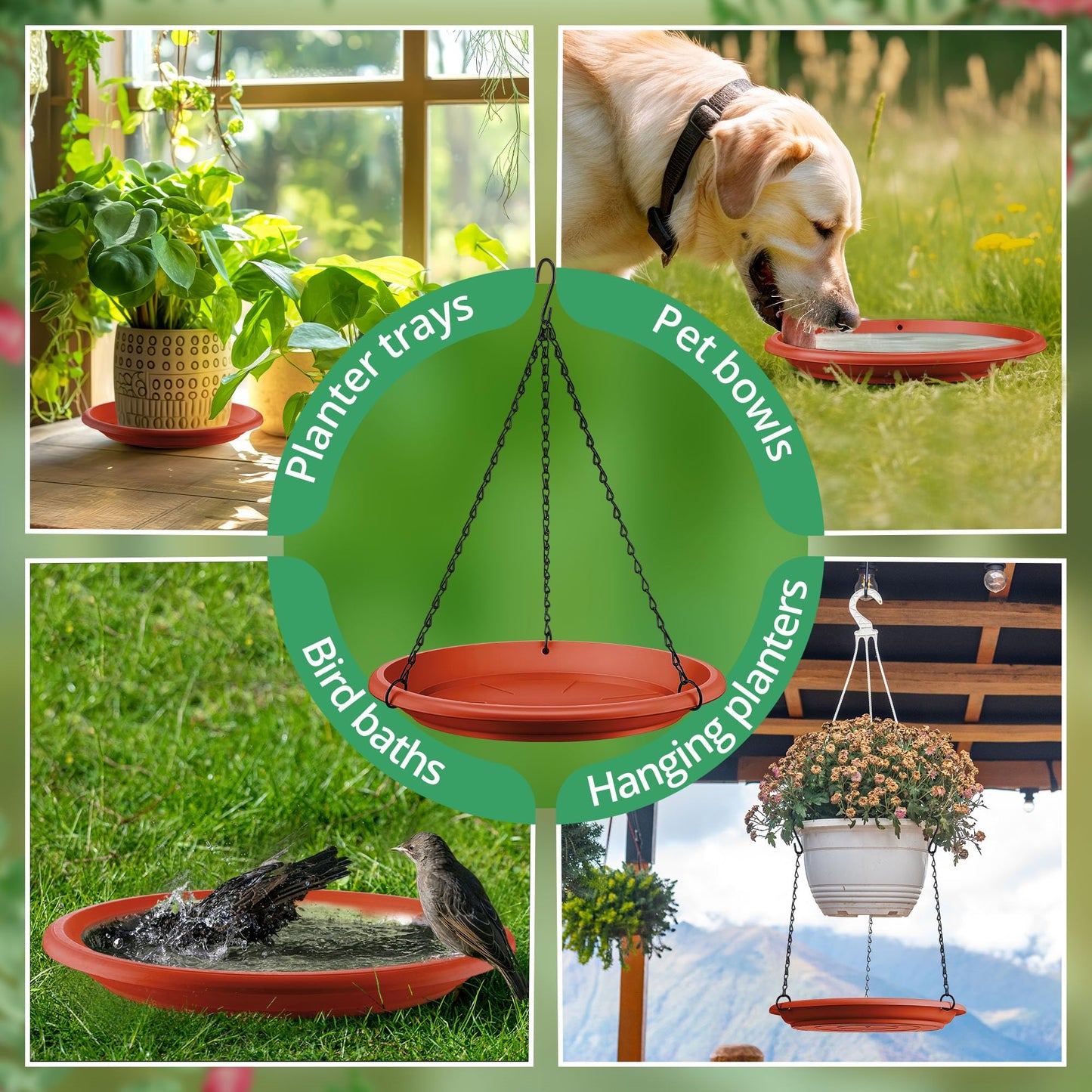 Hanging Planter for Indoor Outdoor Plants, 12" Plant Saucer with Basket Chains, Adjustable Plants Hanger Shelf Decorative Hanging Plant Flower Pot for Window Wall Ceiling Home Decor(5 Pcs,Brick Red)