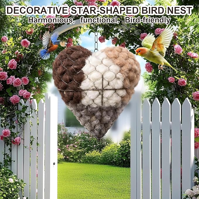 Handmade Alpaca Fiber Bird Nesting Heart,Natural Nesting Material Holder for Wild Birds, Hummingbirds & Chickadees, Cozy Winter Shelter & Garden Art Gift for Bird Lovers