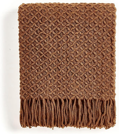CREVENT Farmhouse Boho Knitted Throw Blanket for Couch Sofa Chair Bed Home Decoration, Soft Warm Cozy Light Weight for Spring Summer Fall (50''X60'' Light Brown)