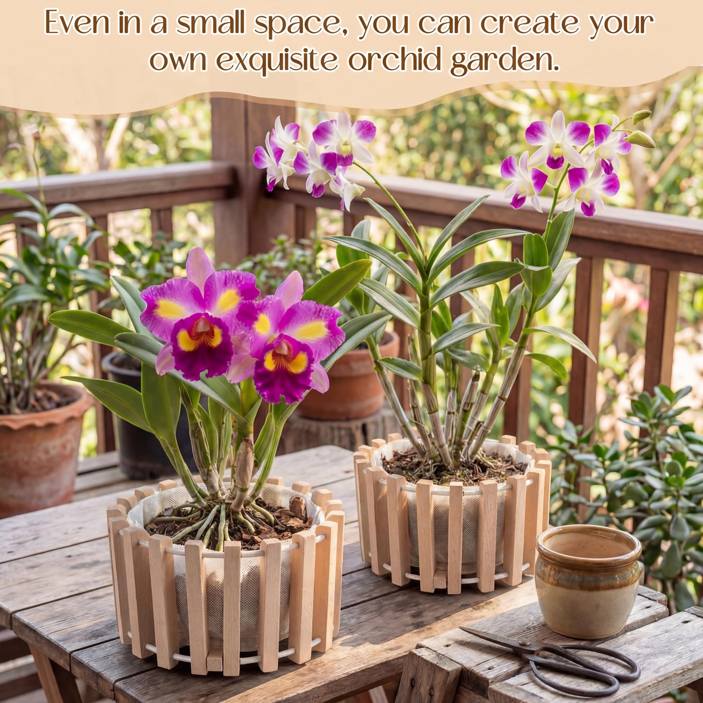 Yiyiring 2 Pcs Hanging Orchid Pots with Holes, Wooden Orchid Planter with Hangers, 8 & 10 Inch Rustic Specialist Pots for Vanda Oncidium Cattleya, Solid Beech Wood Slatted Basket