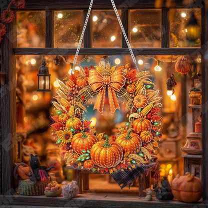 Eiflow Acrylic Diamond Art Hanging Kit for Adults Pumpkin Wreath, DIY Diamonds Painting Door Hanger Board Kit, Special Crystal Diamond Art Painting Pendant Ornament (Fall Wreath)
