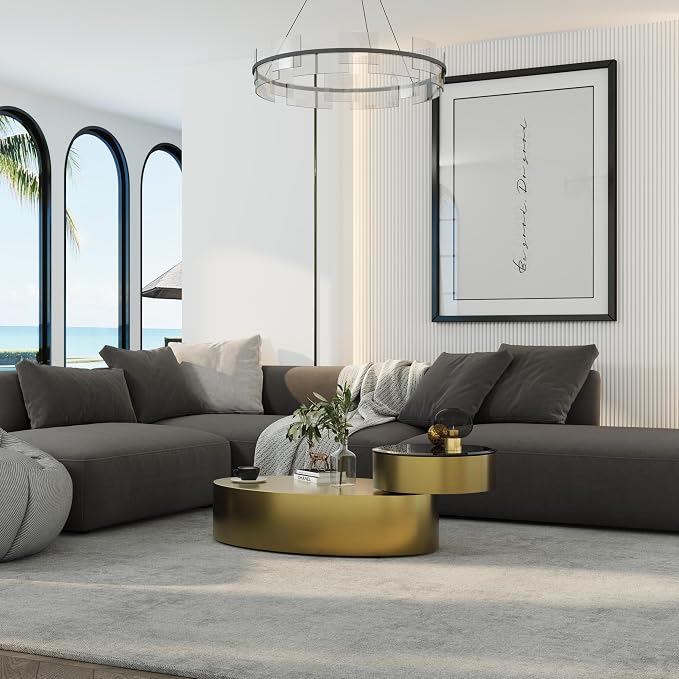Oval Rotating Coffee Table with Tempered Glass Top, 2-Tier Design & 360° Swivel Base, Brushed Gold Finish - Modern Center Table for Living Room, Office, Apartment