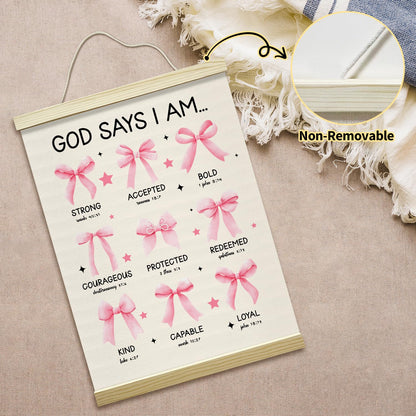 Christian Poster Hanger Frame-God Says I Am, Pink Bow Coquette Posters Canvas Wall Art for Women Girls Dorm Bedroom Decor, 12x16 Inches -027