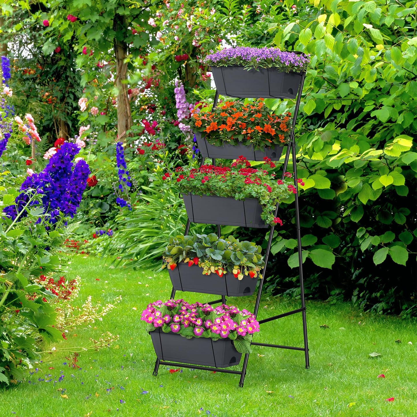 Raised Garden Bed 5 Tier Vertical Planter Standing Herb Garden Elevated Box With Drainage Holes Tall Planters for Outdoor Plants Vegetables Flowers Grey