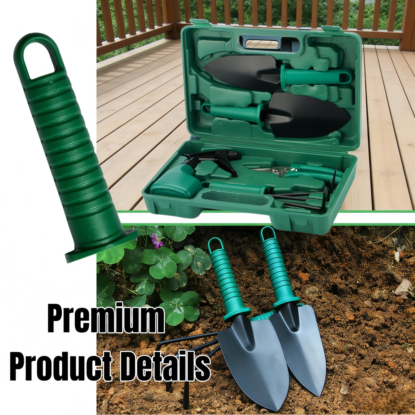 5-Piece Garden Tool Kit with Storage Case, Heavy Duty Gardening Tools Including Shovel, Trowel, Cultivator Rake, Pruners and Spray Bottle for Bonsai, Weeding and Yard Maintenance(Green-5)