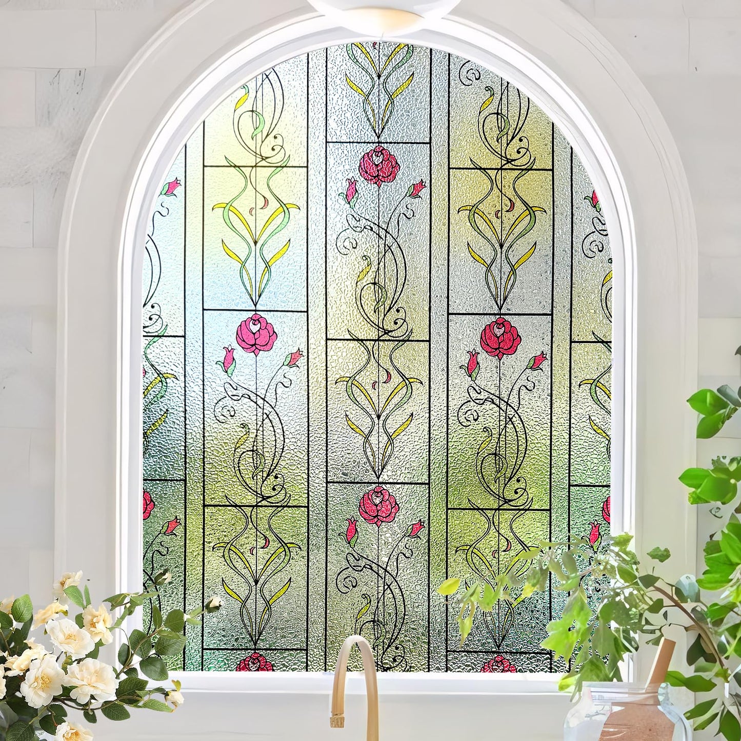 KESPEN WINDOW FILMS Window Privacy Film Stained Glass Frosted Glass Films Decorative Window Film with Rose Flower Static Cling Non-Adhesive Stickers Heat Control for Home, 17.5 Inch X 6.5 Feet