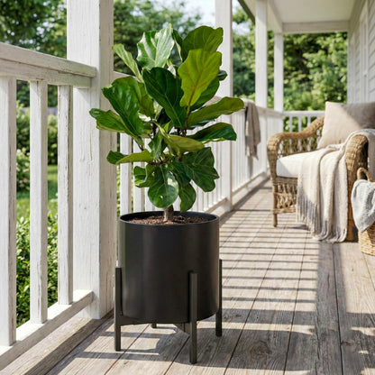 FaithLand 14 Inch Fiberstone Planter - Lightweight Modern Cylinder Plant Pot with Drainage Hole & Plug, Indoor Outdoor Use, Matte Black