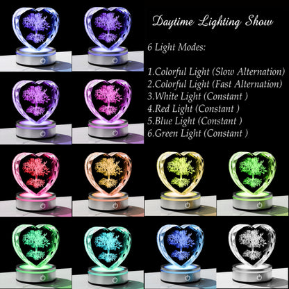 Qianwei Tree of Life Gifts for Women 3D Crystal Heart - Laser Tree of Life Decor Glass Animals Gifts Figurines Statue Stuff for Room Decorations Night Light
