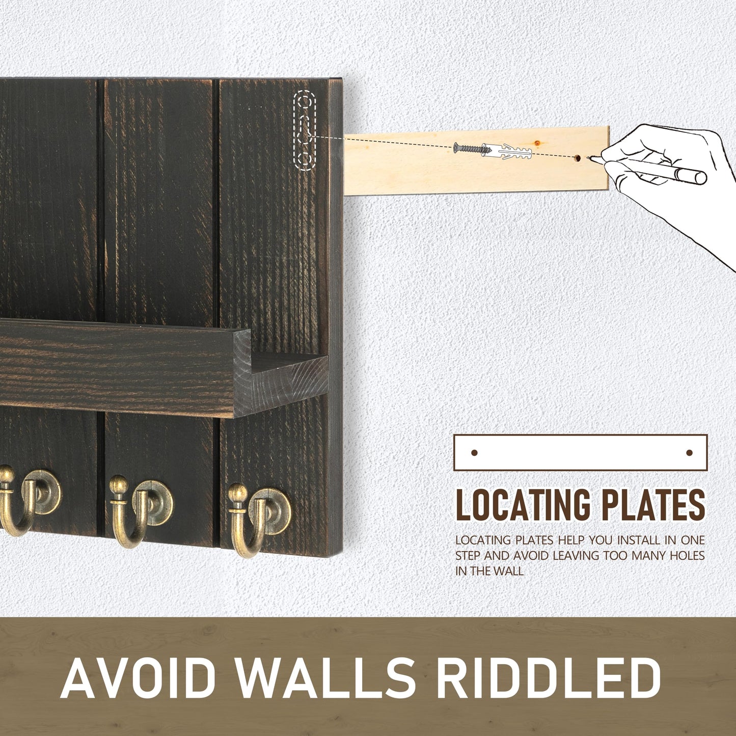 Rebee Vision Pine Wood Key Holder Wall Mount with Floating Shelf – Farmhouse Key Holder for Wall to Maximize Storage Solutions – Mail Organizer for Office Decor (3.54" x 10" x 7.28", Distressed Black)