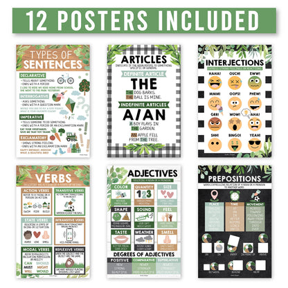 Parts of Speech Posters for Classroom Must Haves - 12 Grammar Posters, Writing Process for Homeschool, Elementary & Middle School, ELA 3rd 4th & 5th Grade Teacher Must Haves, Farmhouse Classroom Decor