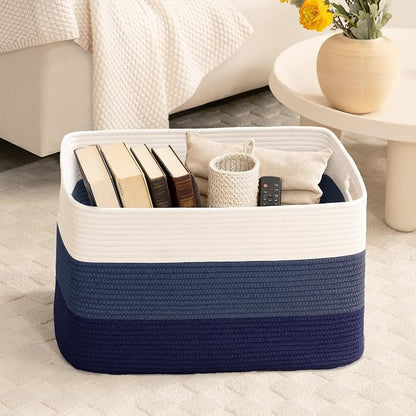 72L Large Laundry Basket with Leather Handles for Living Room Storage, Woven Rope Baskets Bin for Blanket, Kids Toy, Gifts, Wicker Hamper for Bedroom Dirty Clothes, 22"x17"x12" Gradient Blue