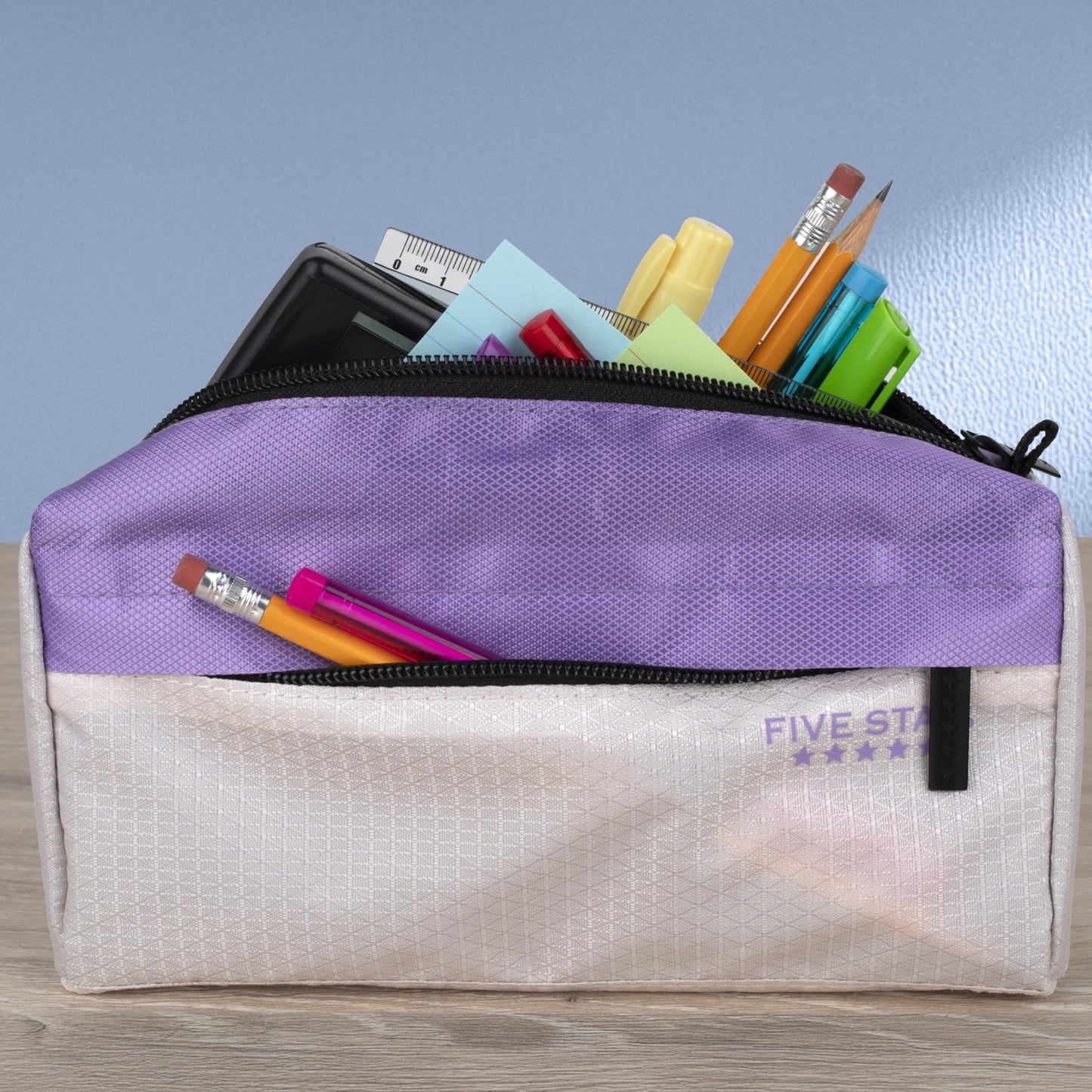 Five Star Pencil Pouch 9-Pocket Zipper Storage Organizer Case for Office Supplies Earbuds Chargers Cables Makeup, Tan/Purple (505600E)