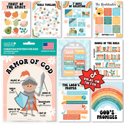 Hadley Designs Sunday School Decorations for Classroom –9 Bible Posters for Kids, Books of the Bible, 10 Commandments, Bible Timeline Chart, Fruits of the Spirit, Retro Christian Classroom Decor