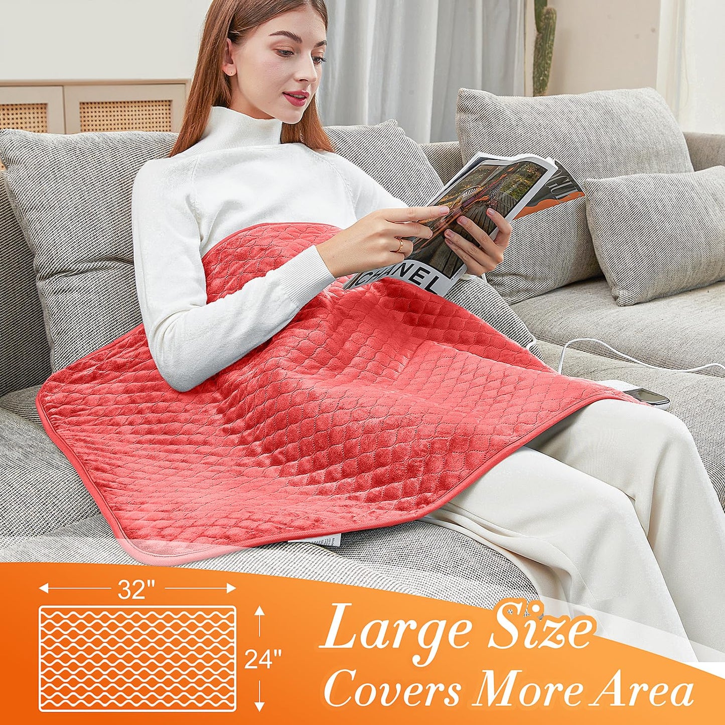 King Size Heating Pad for Back Pain 32"x24" Extra Large Electric Heating Pad for Period Cramps Relief & Body Neck Shoulder Auto Shut Off Heat Pad Temperature Settings Machine Washable Gray