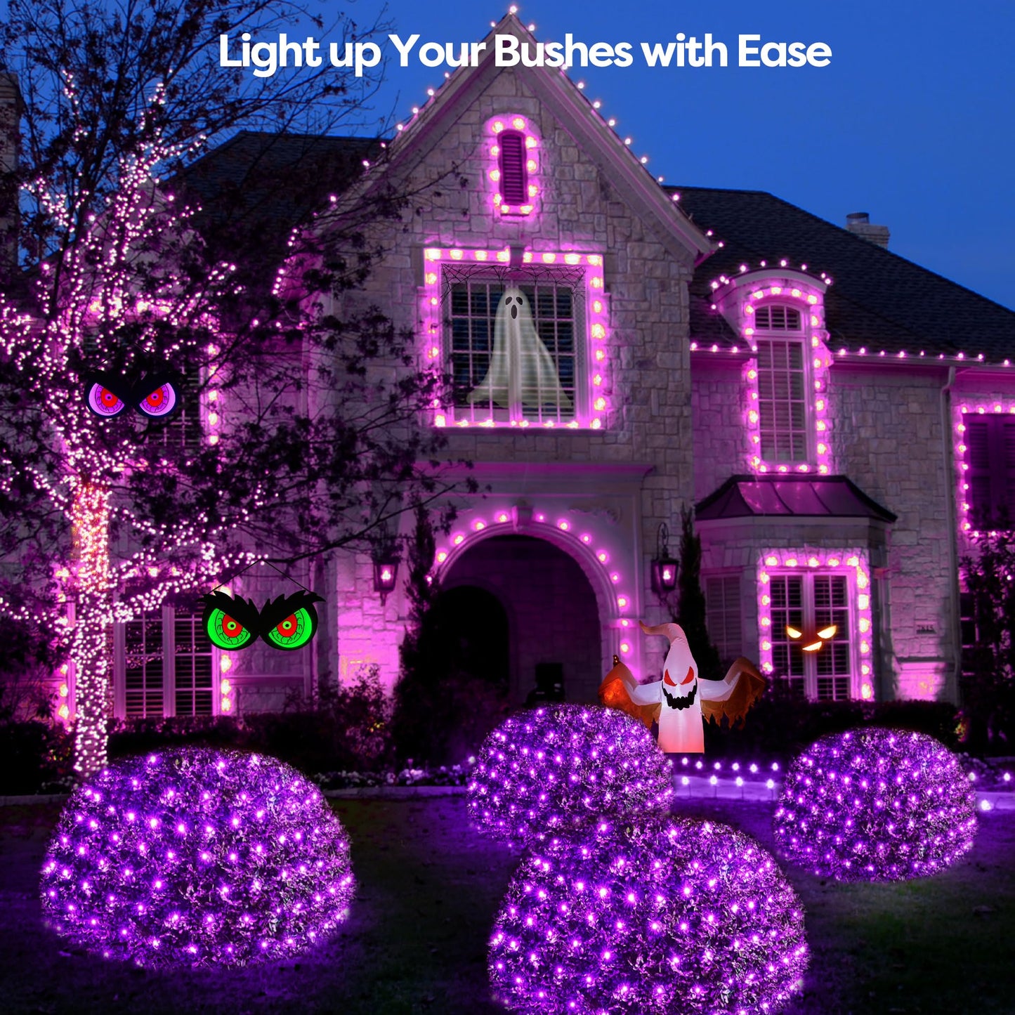WBao Halloween Lights Outdoor 360LED 11.5ft x 6.9ft Halloween Net Lights with 8 Modes, Timer, Connectable, Waterproof & Dark Green Wire for Lawn, Bushes, Shrubs Outdoor Holiday Decorations, Purple