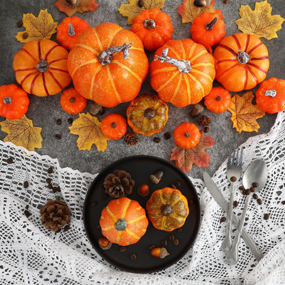 Ywlake 16 Pcs Pumpkin Fall Decorations, Decorative Large Small Outdoor Orange Foam Plastic Fake Faux Artificial Pumpkins for Halloween Autumn Harvest Festival Home Table Decor