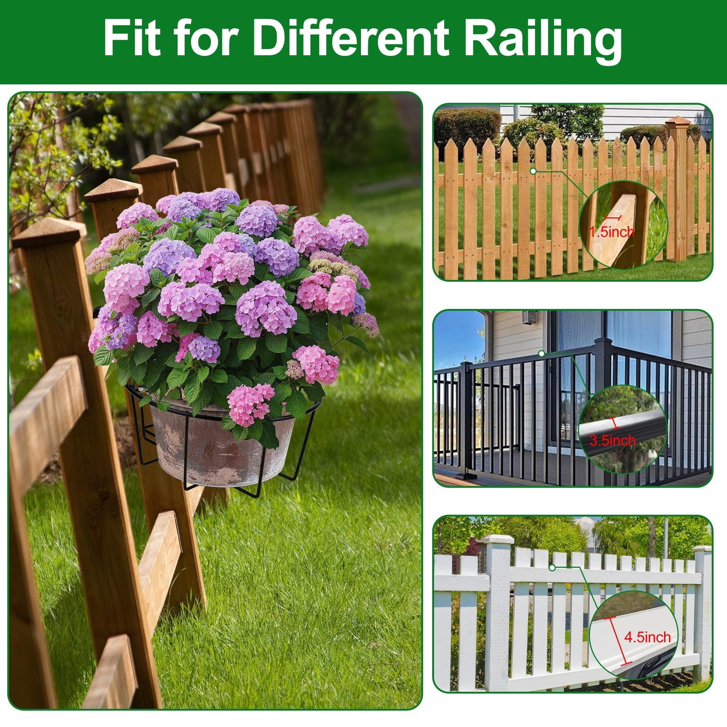 OYMVEKIK Adjustable Hanging Railing Planter, 3 Pack Fit 1.5 to 4.5 Inches Railing, Weather-Resistant Metal Balcony Rail Planters, Work for Outdoor Fence Deck Garden Patio Halloween Christmas Decor