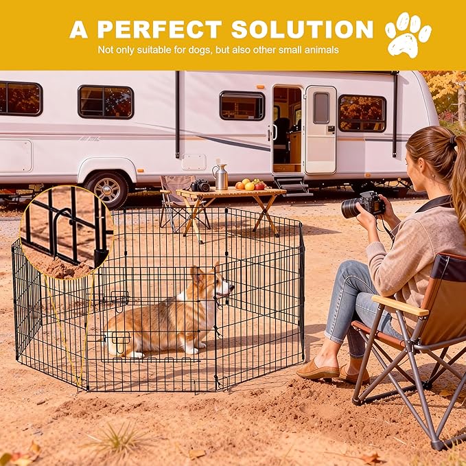 Foldable Dog Playpen, 24x30in 8 Panels Metal Pet Exercise Fence with Botton Pad, Dog Play Pen for Indoor Outdoor, Heavy-Duty Pet Fence Puppy Crate Kennel with Door for Small Medium Pets