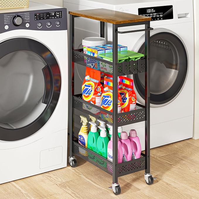 XYZLVSI Slim Storage Cart 4 Tier Fruit and Vegetable Baskets for Kitchen Small Space, Narrow Laundry Cart on Wheels with Wooden Top and Metal Handle for Pantry, Bathroom, Laundry Room