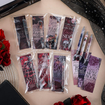 Affrolling 60 Pcs Dark Romance Bookmarks and Pens Merch Double Sided Romance Smutty Spicy Book Lover Gifts Romantasy Skeleton Page Marker Clip Gifts for Women Teachers Reading