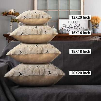 4TH Emotion Fall Pumpkins Decorative Pillow Covers 18"x18" Set of 2, Beige Soft Plush Faux Fur Throw Cushion Cases for Autumn Thanksgiving Holiday Home Decorations