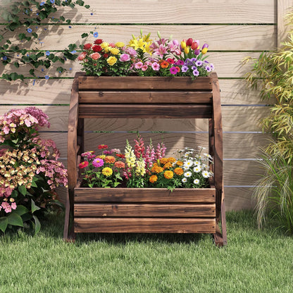 Byroce Wooden Wagon Planter Box, 2-Tier Raised Garden Bed with Drainage Holes for Flowers, Vegetables & Herbs, Indoor Outdoor Decorative Wheel Cart for Patio, Yard & Balcony, Rustic (1)