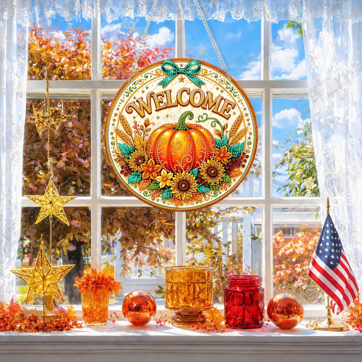 Eiflow Hanging Diamond Art Pumpkin Kit for Adults Fall DIY Acrylic Diamonds Craft Painting Ornament Kit Welcome Sign, Special Crystal Diamond Art Painting Window Wall Door Hanging Pendant
