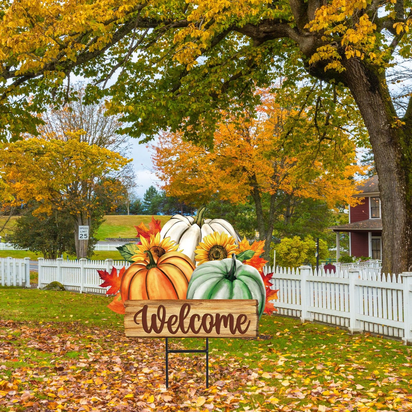 JarThenaAMCS Fall Pumpkin Metal Garden Stakes Green Orange White Pumpkin Decorative Lawn Sign Autumn Harvest Welcome Yard Sign for Thanksgiving Home Outside Lawn Porch Decor