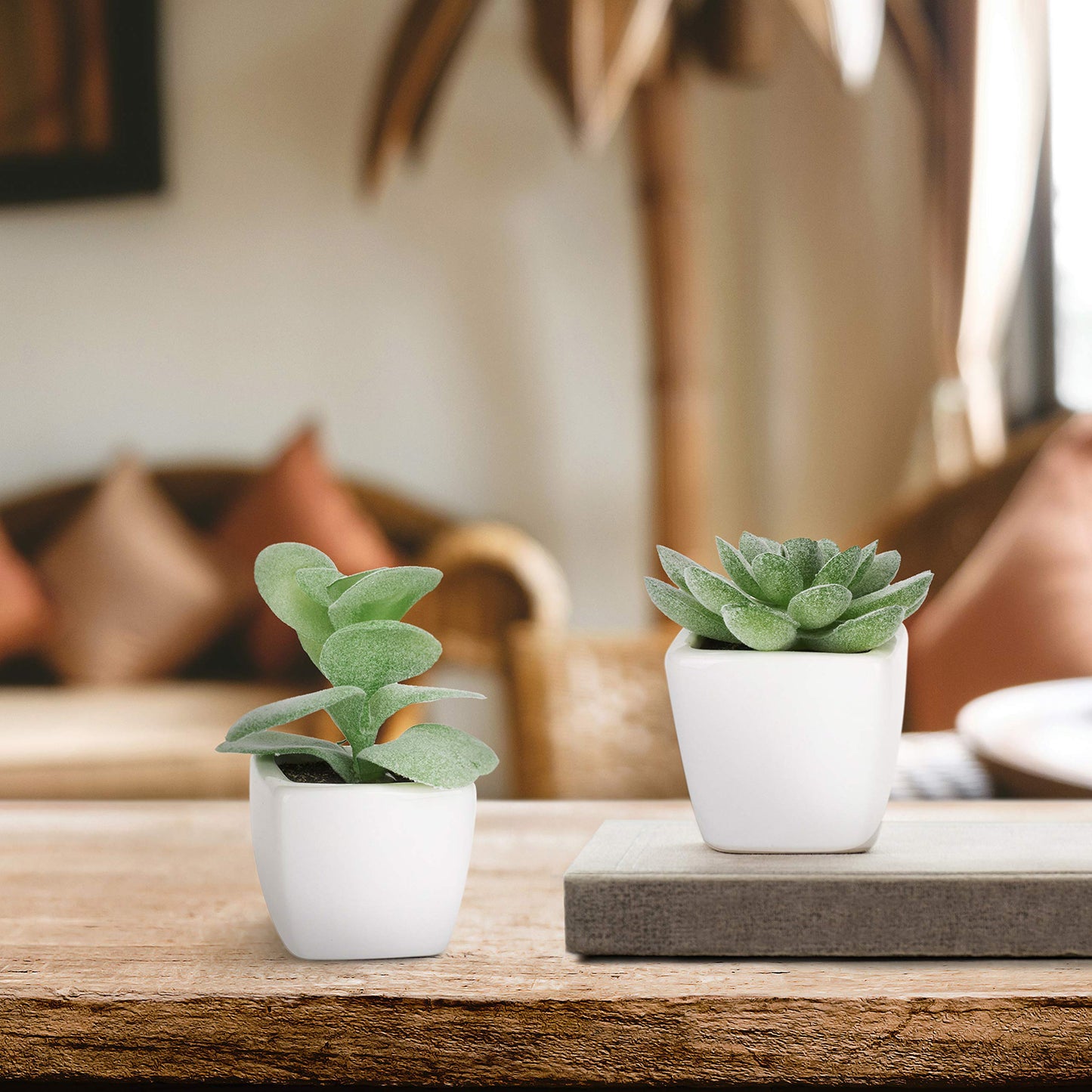 MyGift Set of 4 Mini Assorted Green Decorative Artificial Succulent Plants in Square White Glazed Ceramic Planter Pots