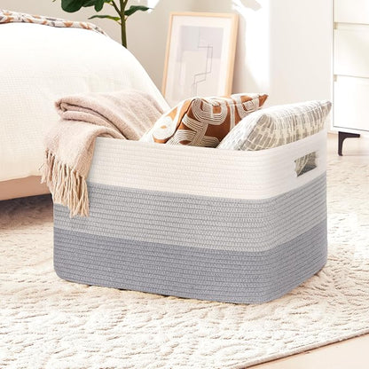 72L Large Laundry Basket with Leather Handles for Living Room Storage, Woven Rope Baskets Bin for Blanket, Kids Toy, Gifts, Wicker Hamper for Bedroom Dirty Clothes, 22"x17"x12" Gradient Grey