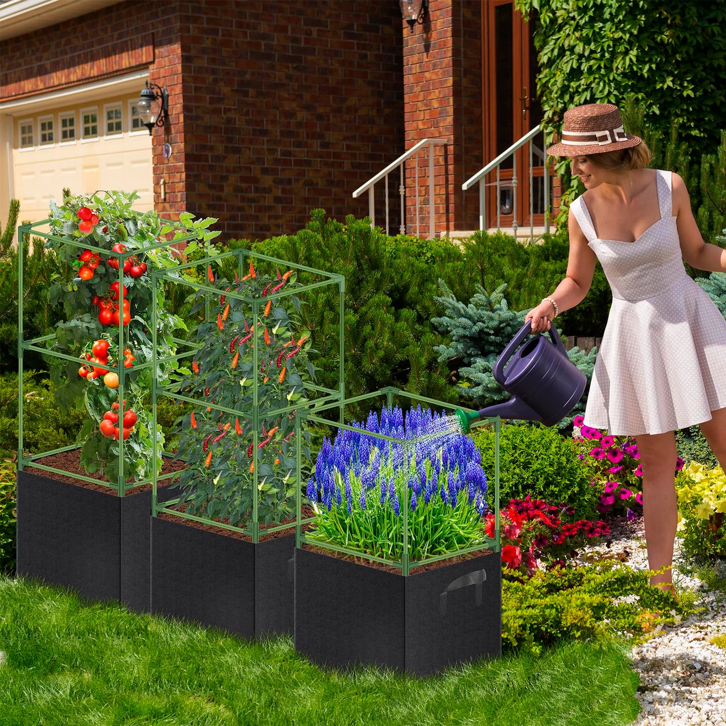 WLLEYAY 3 Pack Square Tomato Cages with 17 Gallon Grow Bags, 46'' Upgraded Heavy Duty Steel Garden Plant Support Stakes Kit, Flowers Vegetable Trellis for Vertical Climbing Plants Vines