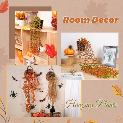 Der Rose 4Pcs Fake Fall Plants Hanging Orange Artificial Eucalyptus Plants, Boston Fern, Fake Potho, String of Pearls for Halloween Bathroom Table Centerpiece Wall Mantle Decor Indoor and Outdoor