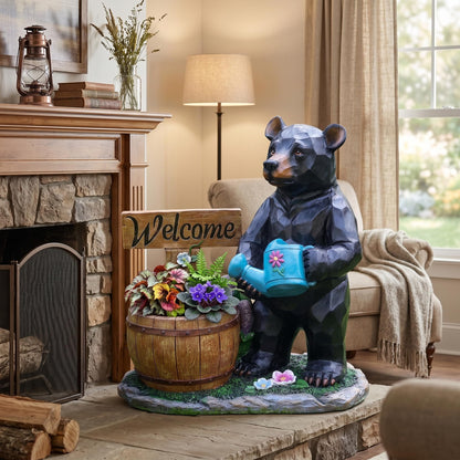 elesculor Black Bear Garden Statue Planter with Welcome Sign & Watering Can, Resin Outdoor Flower Pot, Decorative Animal Planter for Patio, Yard, Lawn, Cabin Decor