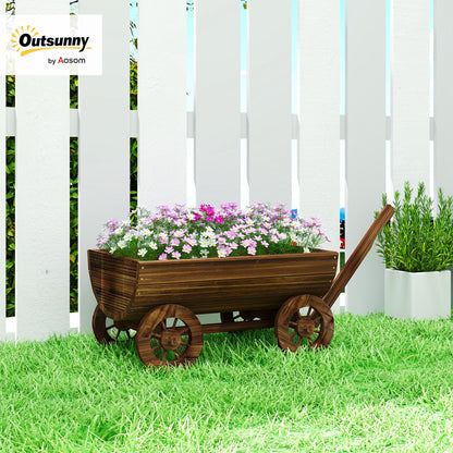 Outsunny Wooden Wagon Planter Box, Mobile Garden Planter with 4 Wheels and Handle, Small Wheelbarrow Wagon Flower Cart with Drainage Hole for Outdoor Patio, Garden, Balcony