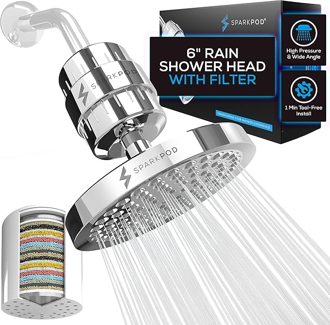 SparkPod 23-Stage Filtered Shower Head, 6" Round, Polished Chrome | Filtered Shower Head for Hard Water Filter, High Pressure, Reduces Chlorine, Heavy Metals, For Dry Skin & Hair